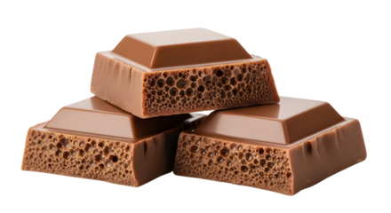 Delicious aerated milk chocolate bar pieces stacked for dessert advertising and design projects isolated PNG with Transparent Background
