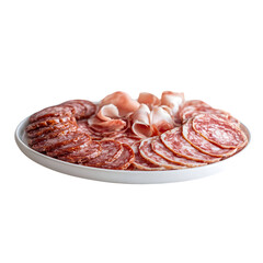 Assorted sliced cold cuts on white serving platter with transparent background