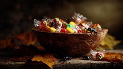 backlighting. Rustic wooden bowl filled with colorful candies, surrounded by autumn leaves for playful Halloween charm. representing seasonal cycles and harvest abundance.
