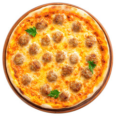 Delicious meatball pizza on wooden plate with transparent background