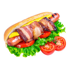 Delicious hot dog with bacon and tomato on transparent background