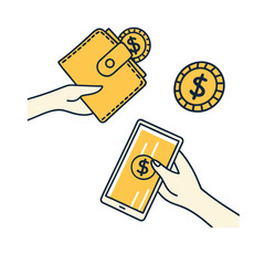 Hand holding wallet with coins and hand holding smartphone with dollar symbol