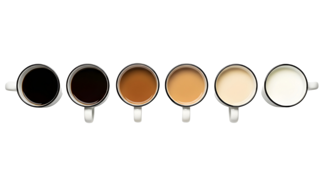 Coffee color gradient showing customizable milk ratios in six white mugs, top view isolated PNG with Transparent Background