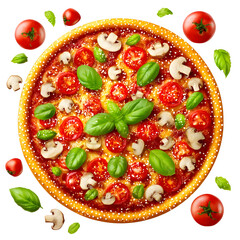Delicious pizza with tomatoes mushrooms and basil on transparent background