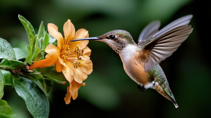 Fototapeta premium Close up of hummingbird hovering beside glowing flower, showcasing nature beauty and grace