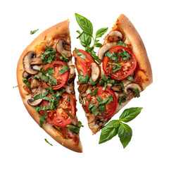 Pizza slices with tomatoes mushrooms and basil isolated on transparent background