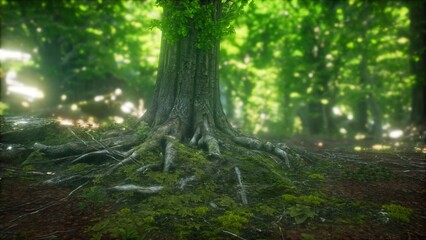 Under a vibrant canopy, a towering tree showcases its intricate roots spreading across the rich soil, surrounded by lush greenery and soft dappled light, capturing natures serene essence.