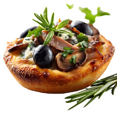 Gourmet pizza tart with olives mushrooms and herbs against transparent background