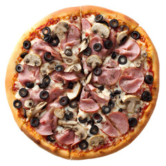 Delicious pizza with ham mushrooms and olives isolated on transparent background