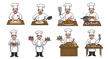 Chef cooking various dishes in a kitchen setting