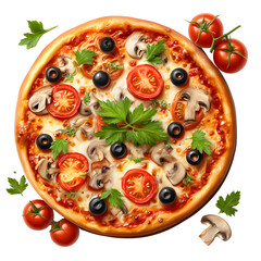 Delicious pizza with tomatoes mushrooms olives and parsley isolated on transparent background for food design