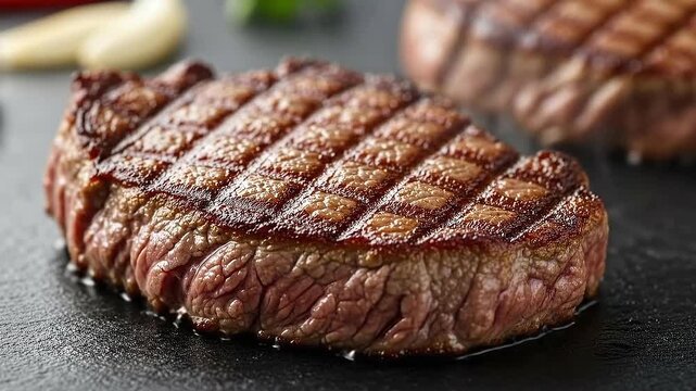 Perfectly Grilled Beef Steak Featuring Defined Grill Marks Against a Dark Backdrop Two Steaks Garlic and Parsley Enhance the Presentation in Warm Lighting Close Up Shot