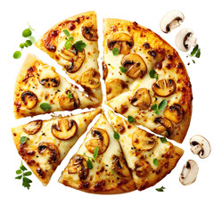 Delicious mushroom pizza on transparent background freshly baked with slices