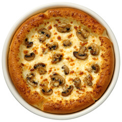 Delicious mushroom pizza with cheese on a white plate isolated on transparent background
