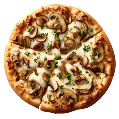 Delicious mushroom pizza with melted cheese and herbs transparent background