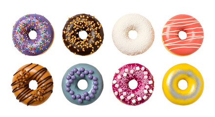 Fototapeta premium Set of assorted colorful glazed donuts with sprinkles and toppings, sweet dessert variety isolated PNG with Transparent Background