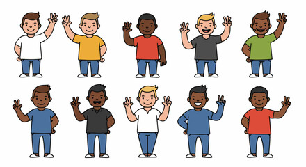 Diverse group of people waving with peace signs