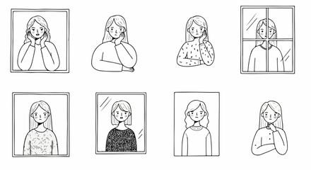 Thoughtful woman in window frames, pensive mood