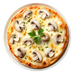 Delicious mushroom pizza on a white plate with transparent background