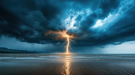 Dramatic lightning bolt strikes over ocean waves under stormy sky, creating powerful scene