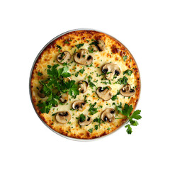 Delicious mushroom and cheese dish overhead view with green garnish and transparent background