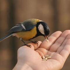 a bird eating from a hand