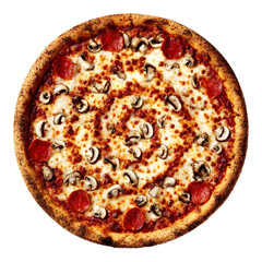 Delicious pizza with pepperoni and mushrooms on transparent background