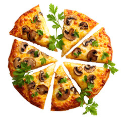 Sliced mushroom pizza with fresh herbs on transparent background