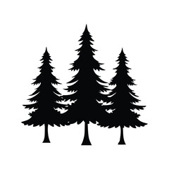 Fototapeta premium Three coniferous trees in silhouette against white background creates a wintery scene, pine tree silhouette vector illustration