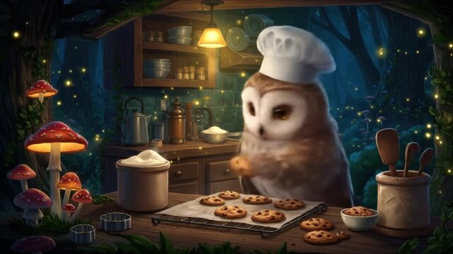 Animated owl baker in whimsical kitchen baking cookies