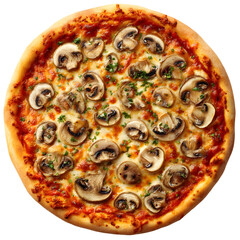 Delicious mushroom pizza with a golden crust and fresh herbs isolated on transparent background