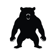 Silhouette of a menacing bear standing upright with bared fangs and claws, bear in aggressive stance silhouette vector illustration
