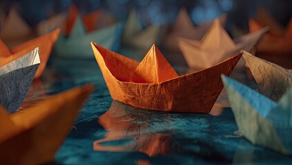 Colorful paper boats on a reflective surface