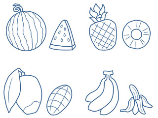 夏の果物イラスト線画セット（スイカ・パイナップル・マンゴー・バナナ）