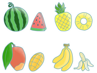 夏の果物イラストセット（スイカ・パイナップル・マンゴー・バナナ）