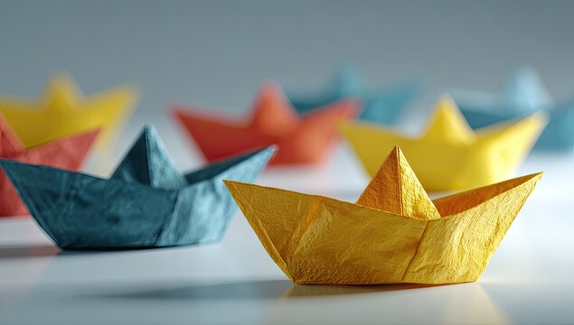 Colorful paper boats on a white surface