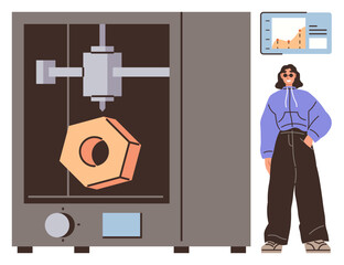 Automated 3D printer manufacturing geometric item, adjacent woman observing in casual attire, analytical chart displayed on screen. Ideal for technology, innovation, creativity, engineering, design
