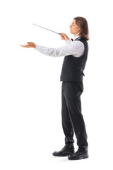 Young male conductor on white background