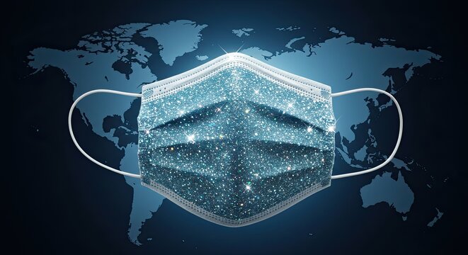 Sparkling protective face mask front and center against a dark blue world map background symbolizing global health and pandemic awareness