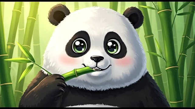 Animated panda eating bamboo adorable animal in lush greenery