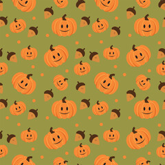Cute Pumpkin Pattern With Happy Faces, Acorns, and Dots for Halloween and Autumn Decor