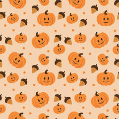 Cute Pumpkin Pattern With Happy Faces, Acorns, and Dots for Halloween and Autumn Decor