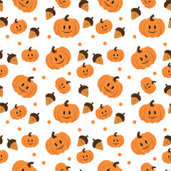 Obraz premium Cute Pumpkin Pattern With Happy Faces, Acorns, and Dots for Halloween and Autumn Decor