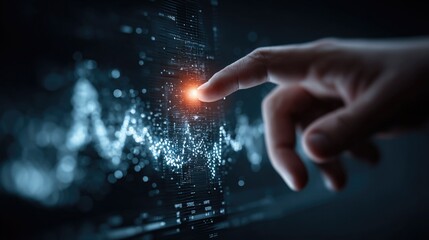 Hand touching glowing digital interface with data visualization and binary code, showcasing futuristic technology, human-computer interaction, and digital innovation.