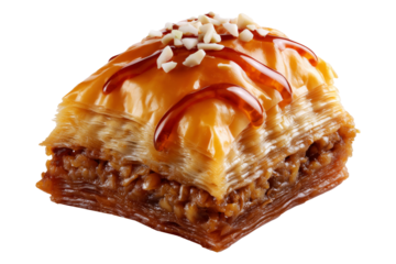 Traditional Turkish baklava filled with pistachios and syrup, cut square triangle isolated on white transparent background, symbolizing sweet cuisine