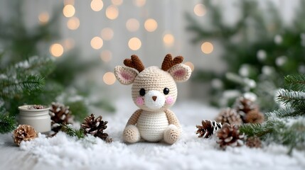 Obraz premium Cute crochet deer in snowy Christmas decor