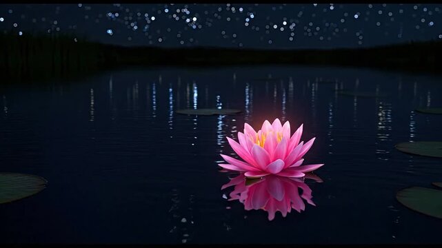 Animated pink water lily floating on calm water reflecting starry sky