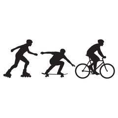 Silhouettes of a person rollerblading skateboarding and riding a bicycle in a line