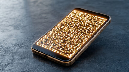 Glowing QR code displayed smartphone screen, showcasing modern technology and digital