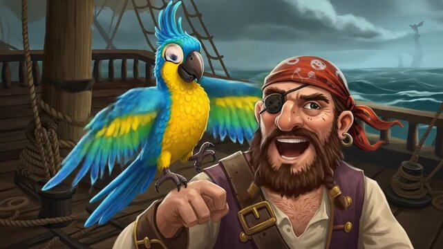 Animated pirate with eye patch and parrot on a ship deck